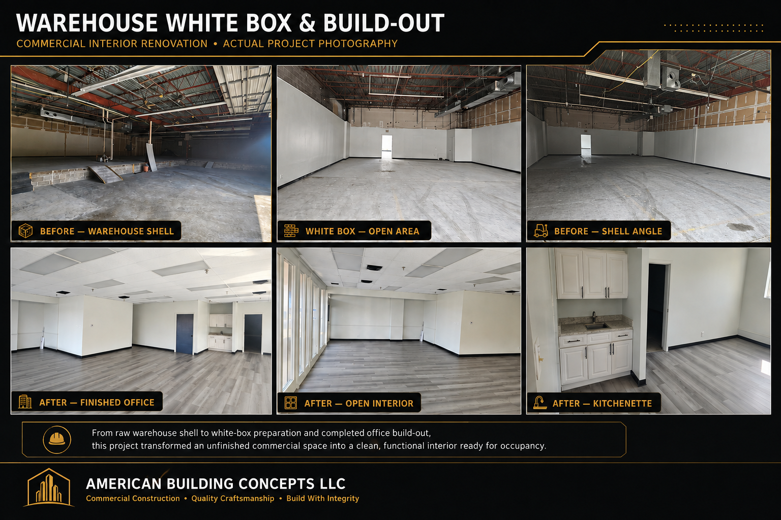 Warehouse white box and office build-out project board showing before, white box, and finished office photos