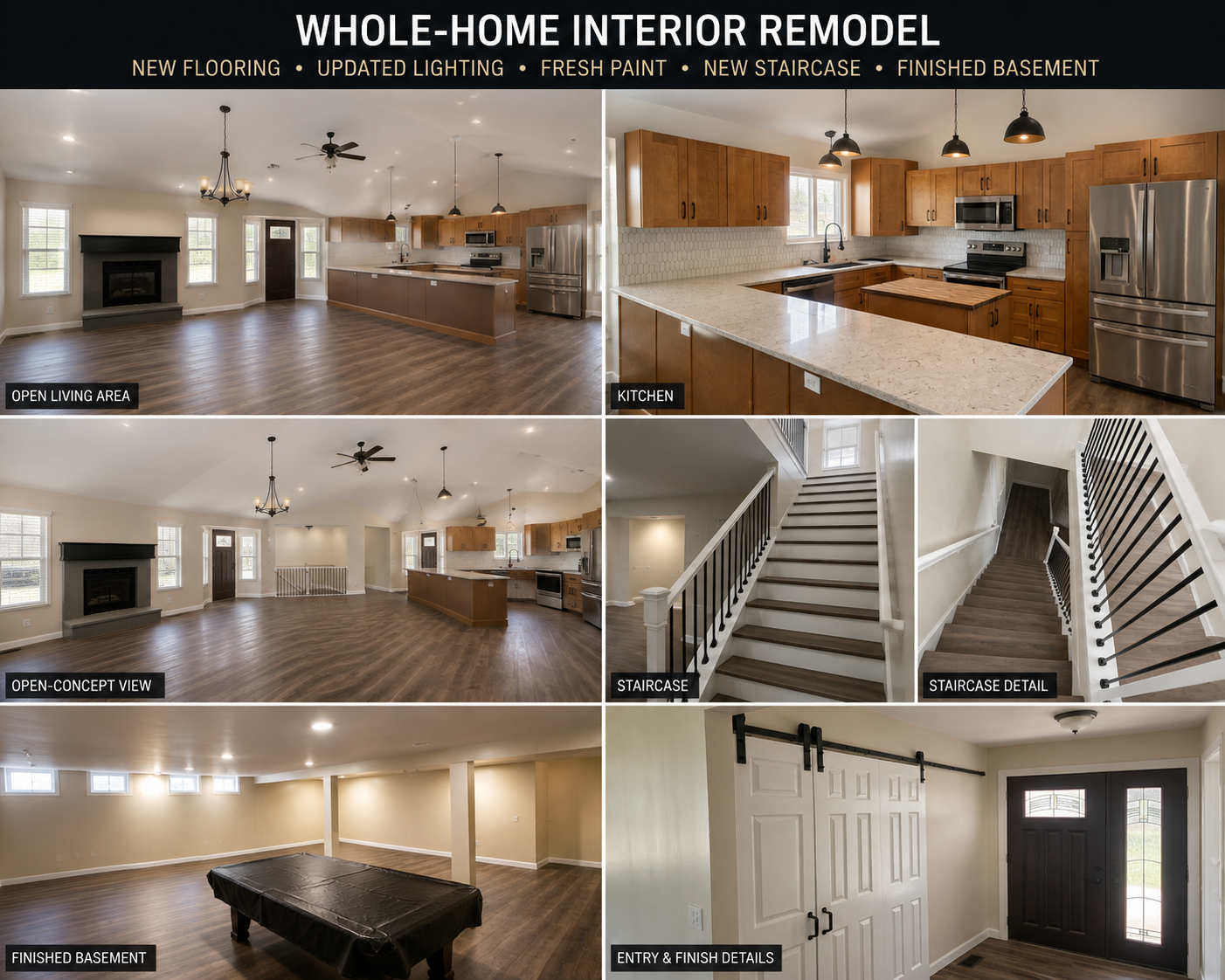 Whole-home interior remodel project board showing living area, kitchen, stairs, basement, and finish details